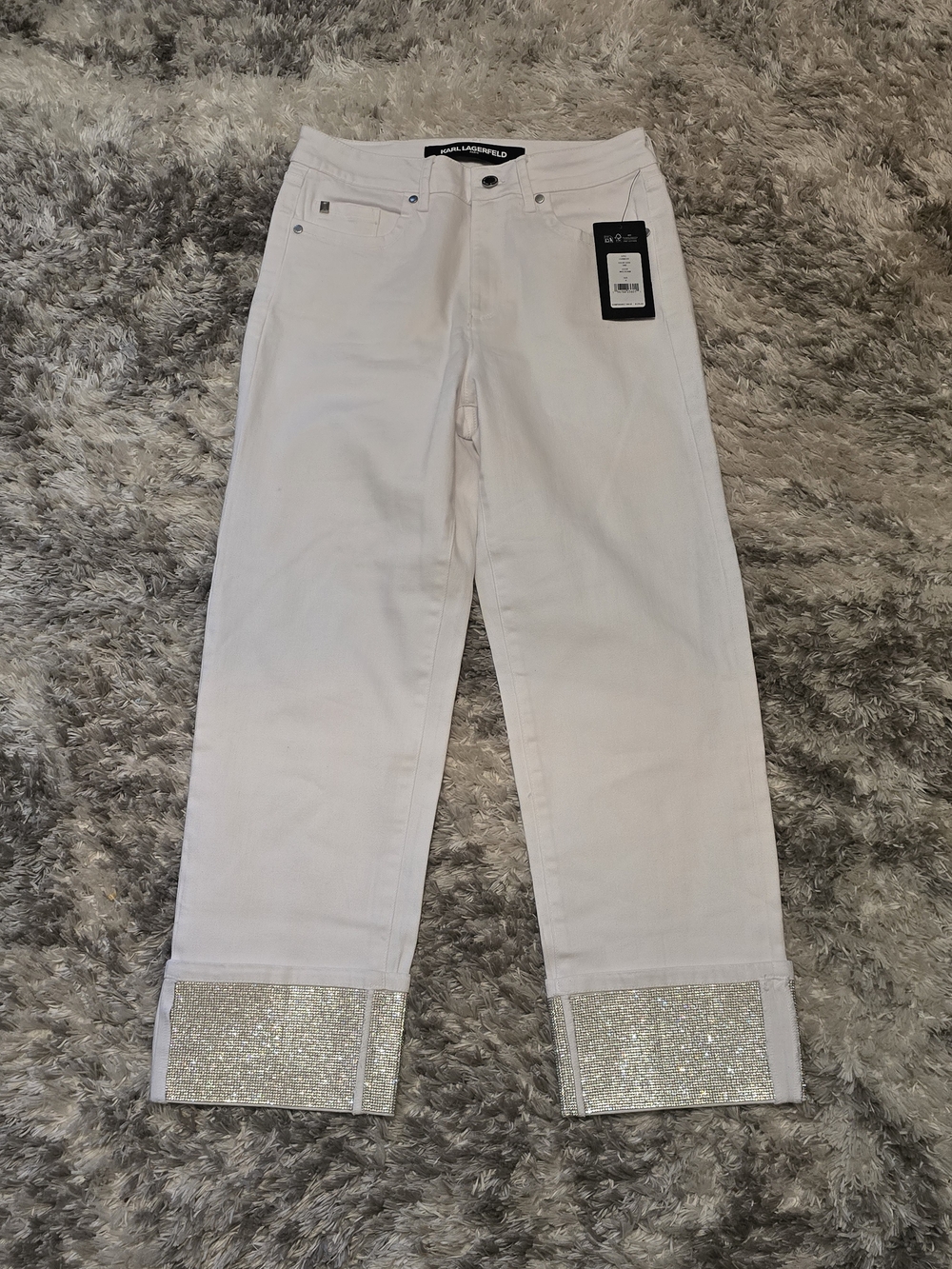 Karl Lagerfeld White Women's Cuffed Jeans with Sparkle Hem